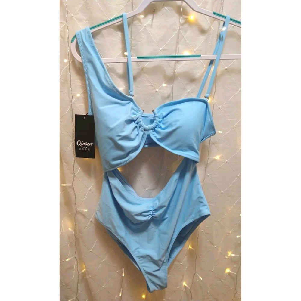QINSEN WOMANS NEW XL BABY BLUE ONE PIECE SWIMSUIT PADDED BACKLESS ROUCHED CHEEKY